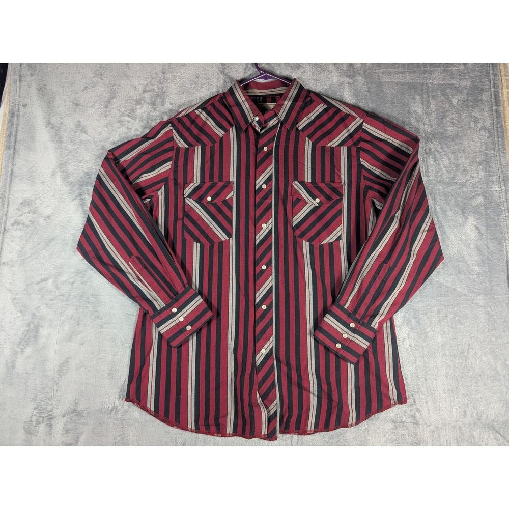 Frontier Womens Western Pearl Snap Shirt Burgundy Black Striped Long Slv L VTG